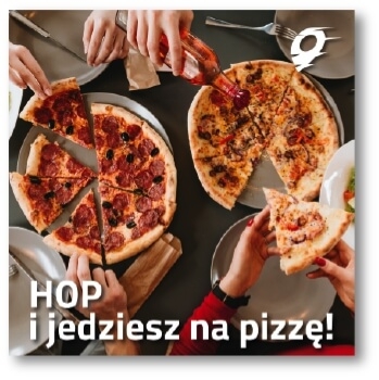 Grafika do posta na profil marki AutoHOP, na której czworo niewidocznych ludzi sięga po kawałki pizzy w restauracji.