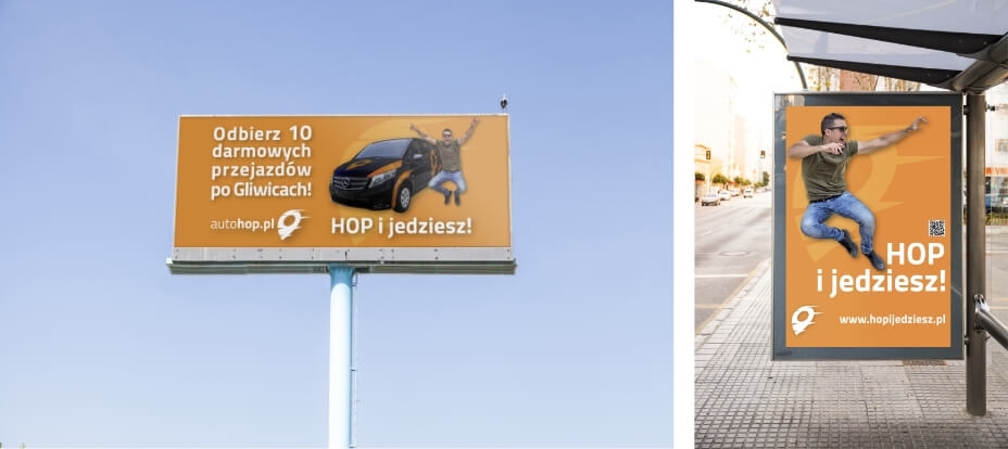 Kreacje promocyjne marki AutoHOP zwizualizowane na słupie reklamowym oraz na przystanku autobusowym.