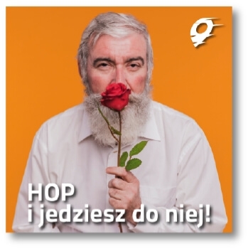 Grafika do posta na profil marki AutoHOP, na której starszy mężczyzna trzyma czerwoną różę dla swojej uchochanej.