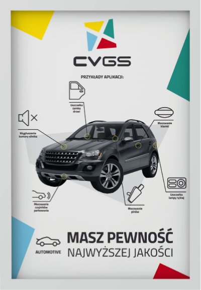 Przykład zastosowania identyfikacji wizualnej marki CVGS na inforgrafice dotyczącej branży samochodowej.